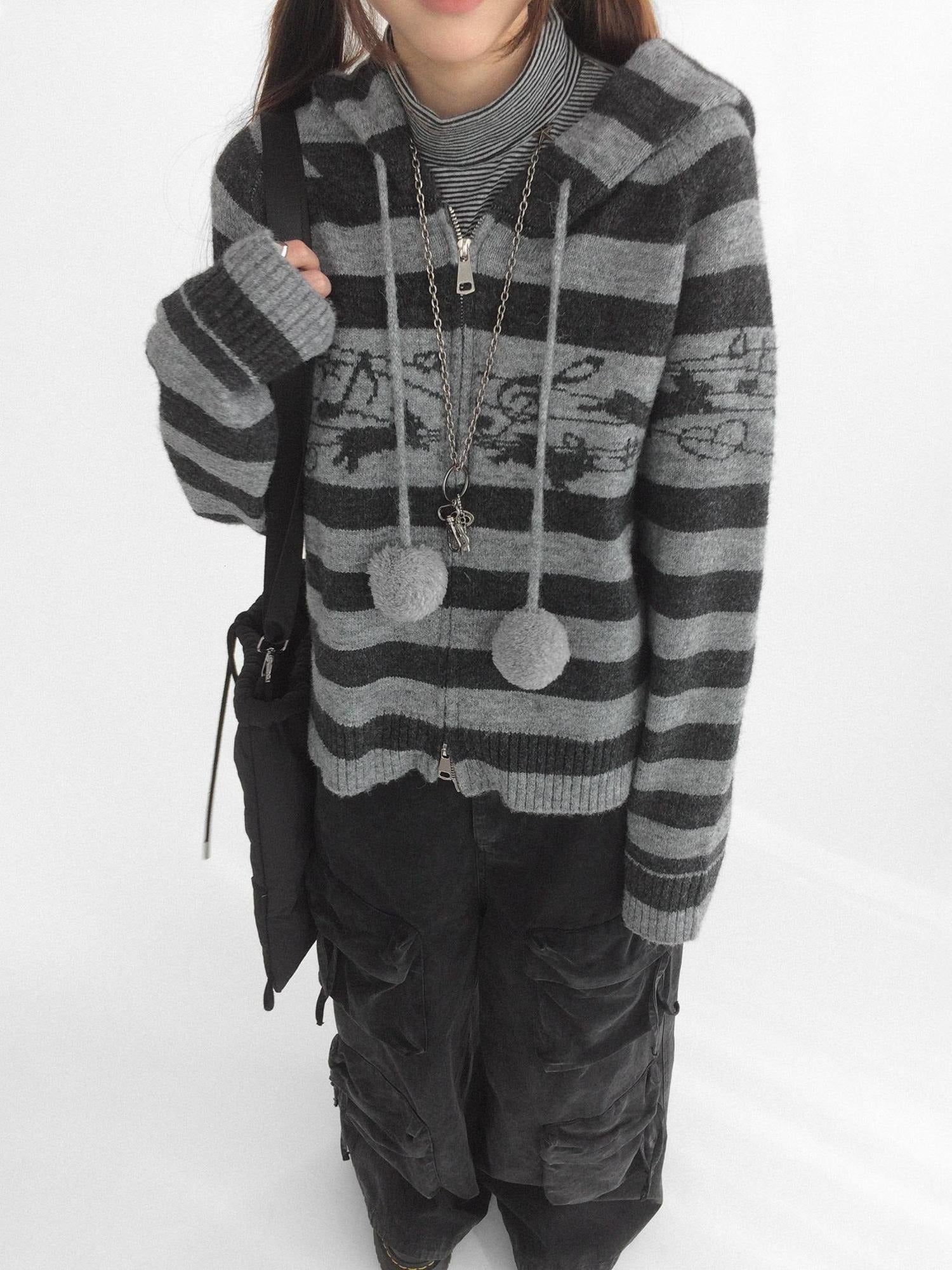 innomoood Cozy Bunny Band Zip Front Commuter Loose Fit Hooded Striped Women Hoodies