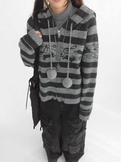 innomoood Cozy Bunny Band Zip Front Commuter Loose Fit Hooded Striped Women Hoodies