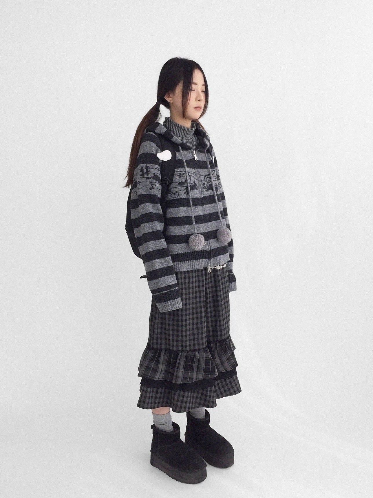 innomoood Cozy Bunny Band Zip Front Commuter Loose Fit Hooded Striped Women Hoodies