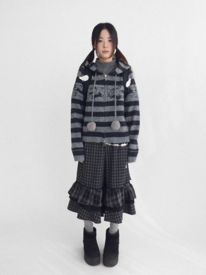 innomoood Cozy Bunny Band Zip Front Commuter Loose Fit Hooded Striped Women Hoodies