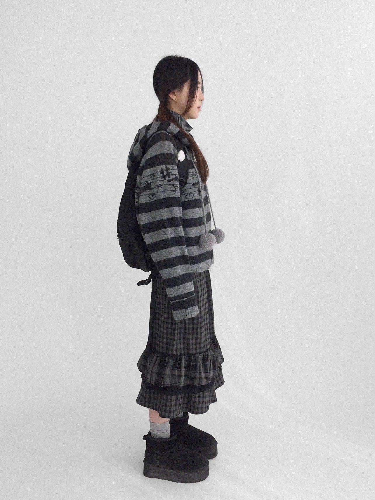 innomoood Cozy Bunny Band Zip Front Commuter Loose Fit Hooded Striped Women Hoodies