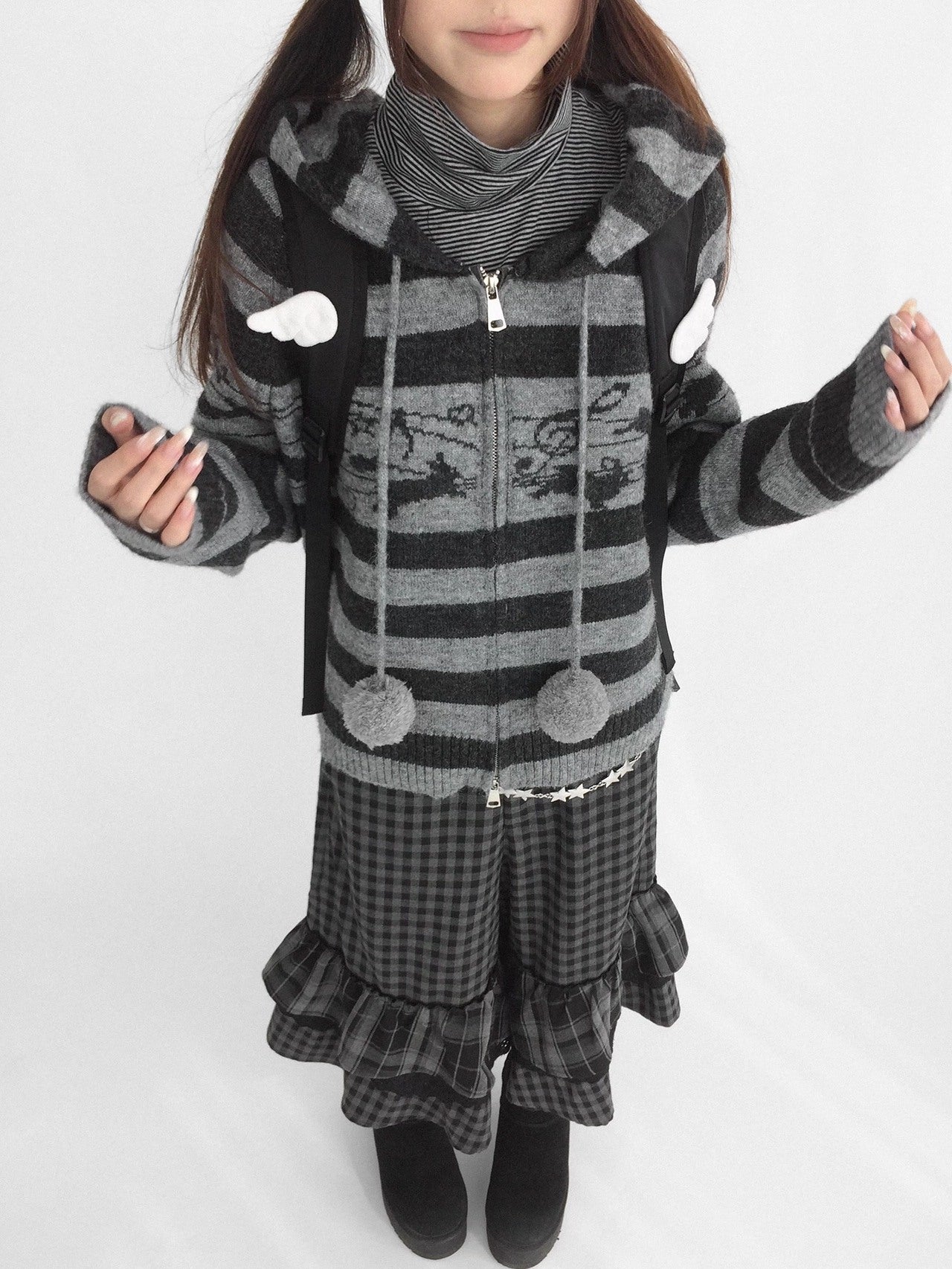 innomoood Cozy Bunny Band Zip Front Commuter Loose Fit Hooded Striped Women Hoodies