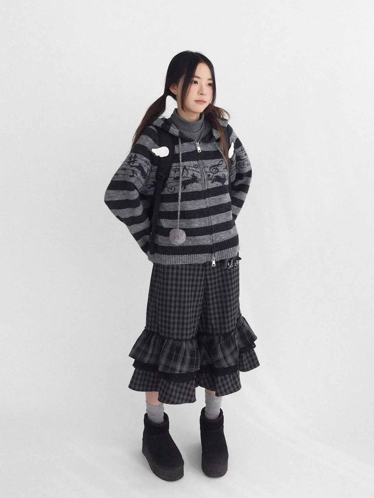 innomoood Cozy Bunny Band Zip Front Commuter Loose Fit Hooded Striped Women Hoodies