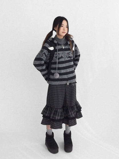 innomoood Cozy Bunny Band Zip Front Commuter Loose Fit Hooded Striped Women Hoodies