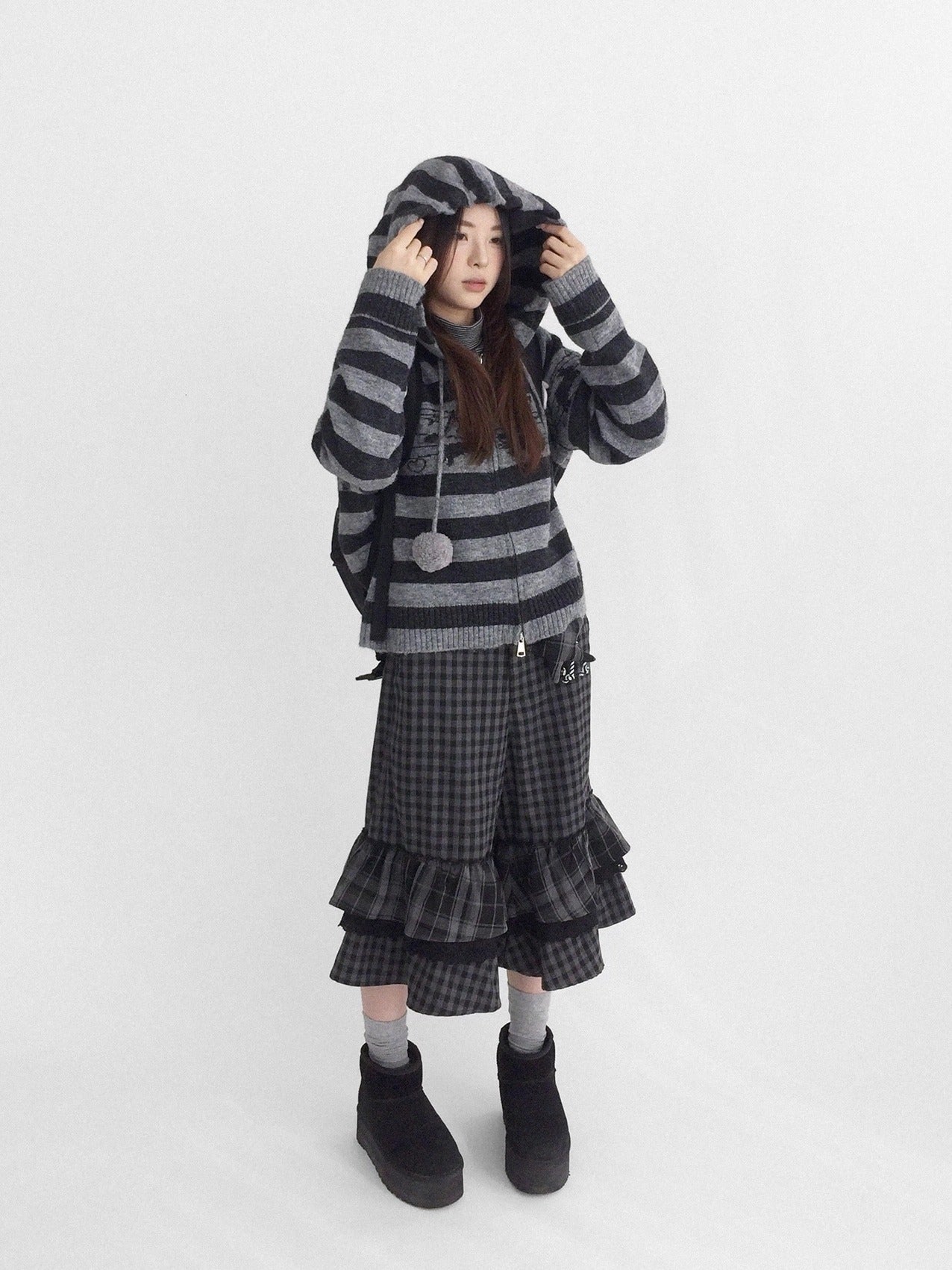 innomoood Cozy Bunny Band Zip Front Commuter Loose Fit Hooded Striped Women Hoodies