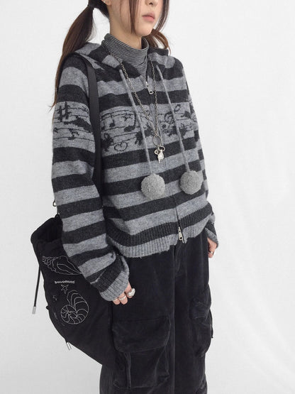 innomoood Cozy Bunny Band Zip Front Commuter Loose Fit Hooded Striped Women Hoodies