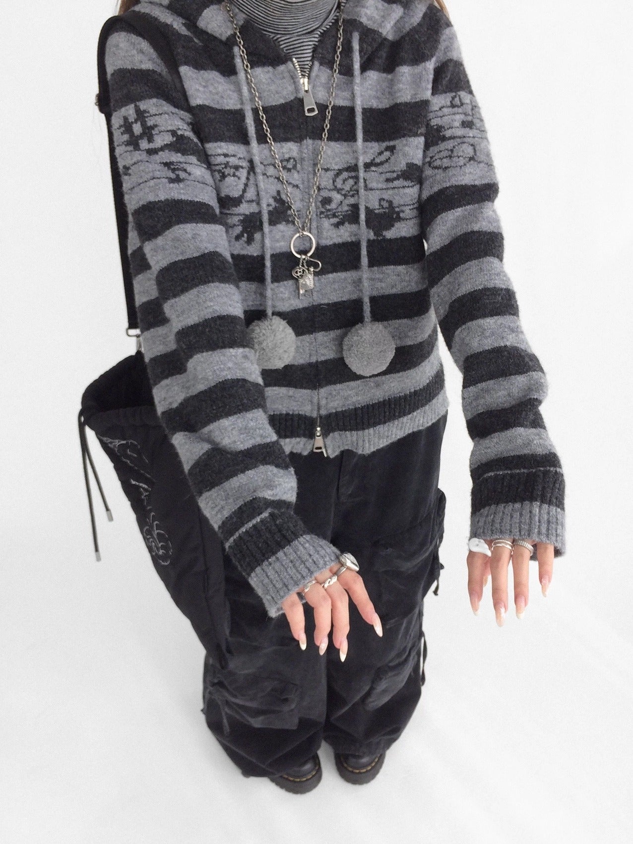 innomoood Cozy Bunny Band Zip Front Commuter Loose Fit Hooded Striped Women Hoodies