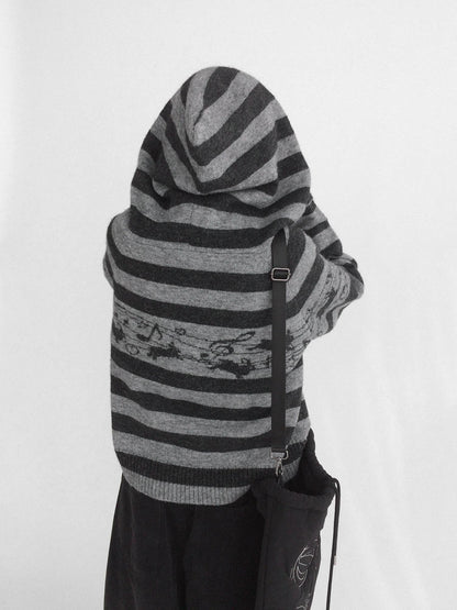 innomoood Cozy Bunny Band Zip Front Commuter Loose Fit Hooded Striped Women Hoodies