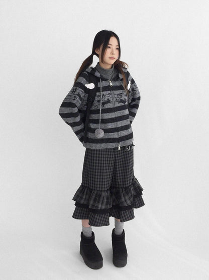 innomoood Cozy Bunny Band Zip Front Commuter Loose Fit Hooded Striped Women Hoodies