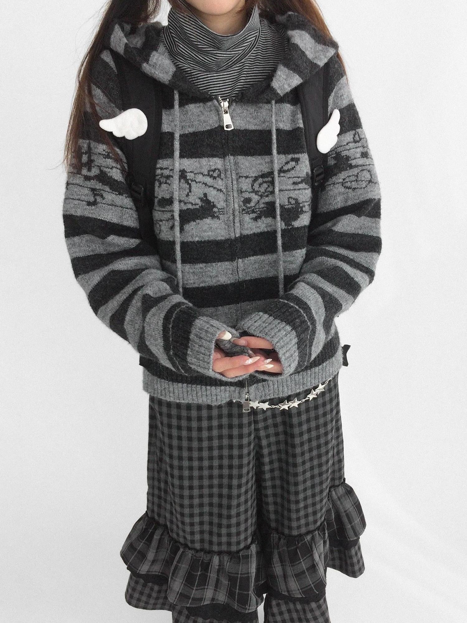 innomoood Cozy Bunny Band Zip Front Commuter Loose Fit Hooded Striped Women Hoodies