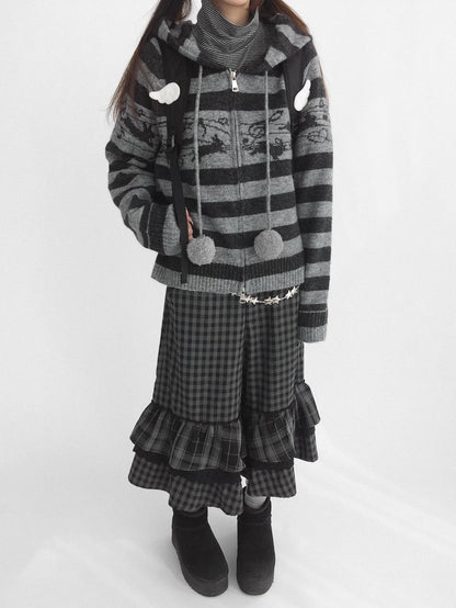 innomoood Cozy Bunny Band Zip Front Commuter Loose Fit Hooded Striped Women Hoodies