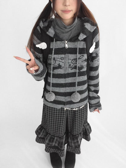 innomoood Cozy Bunny Band Zip Front Commuter Loose Fit Hooded Striped Women Hoodies