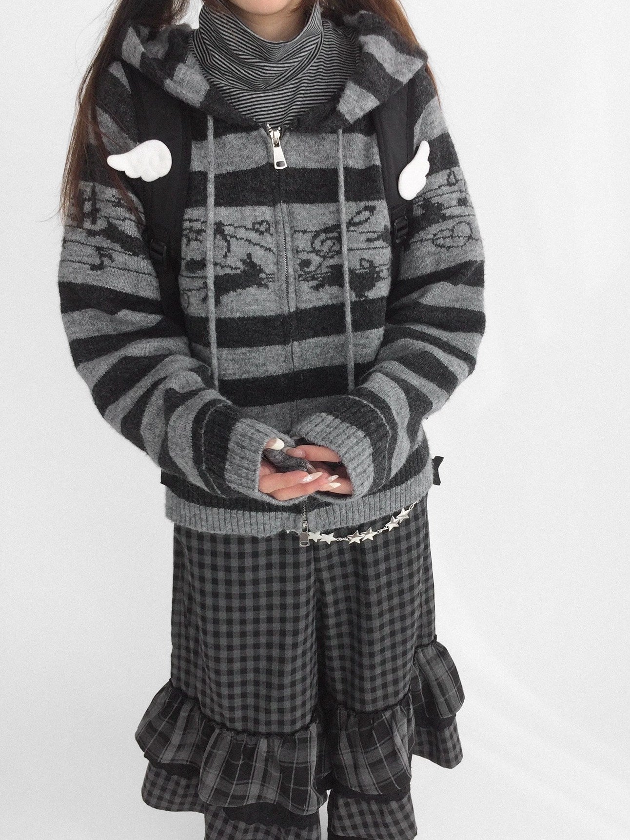 innomoood Cozy Bunny Band Zip Front Commuter Loose Fit Hooded Striped Women Hoodies