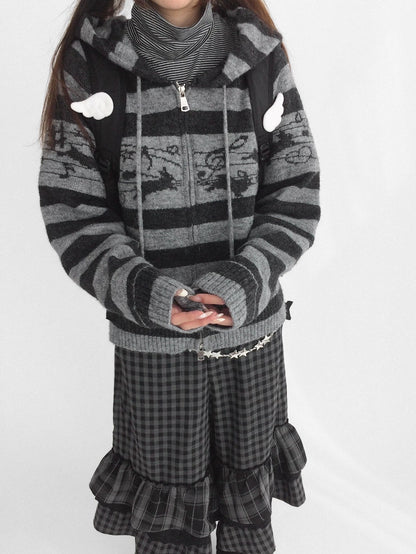 innomoood Cozy Bunny Band Zip Front Commuter Loose Fit Hooded Striped Women Hoodies