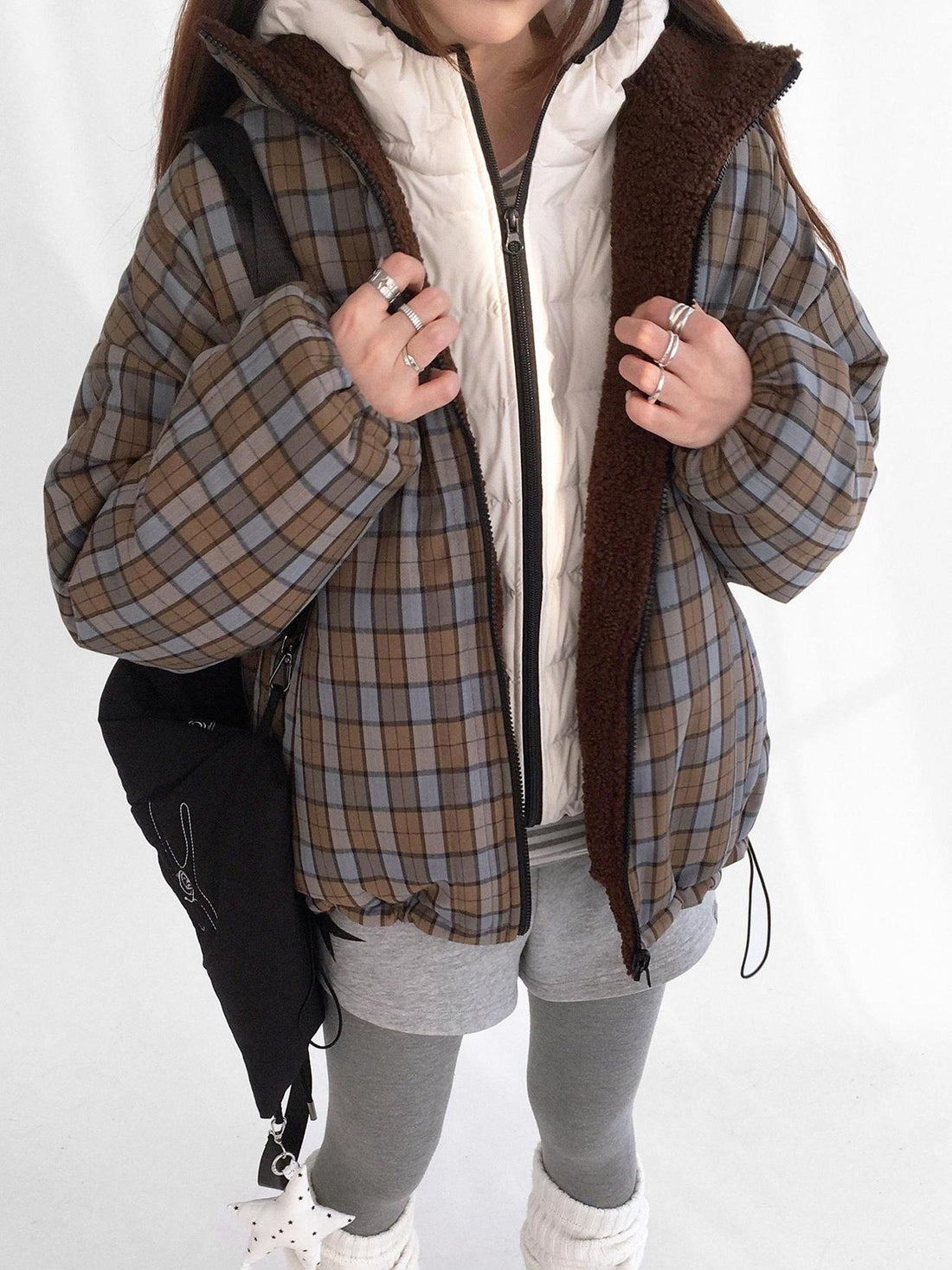innomoood Cozy Insulated Plaid Loose Fit Hooded Commuter Women Zip Outerwear Puffer Jacket