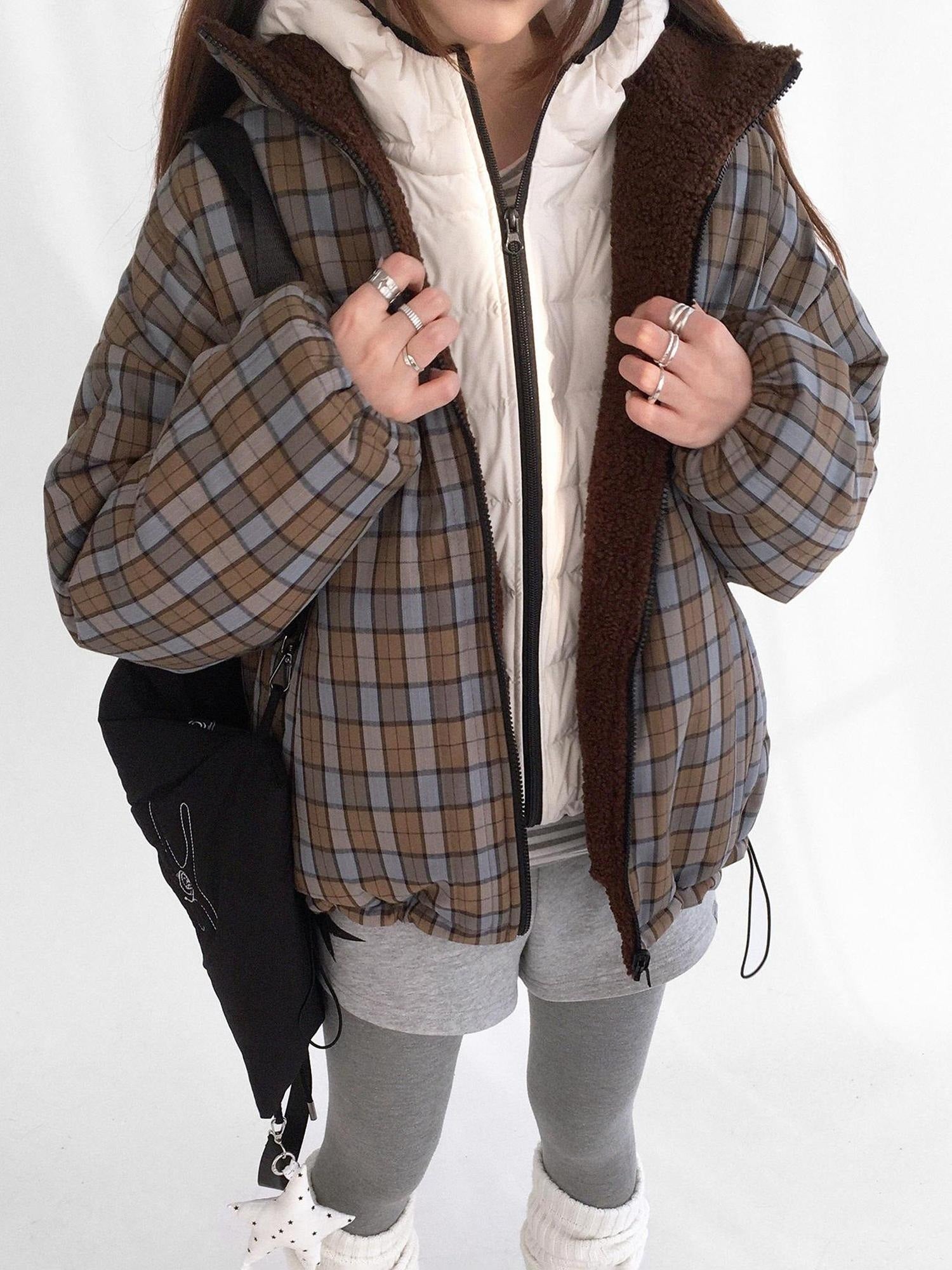 innomoood Cozy Insulated Plaid Loose Fit Hooded Commuter Women Zip Outerwear Puffer Jacket