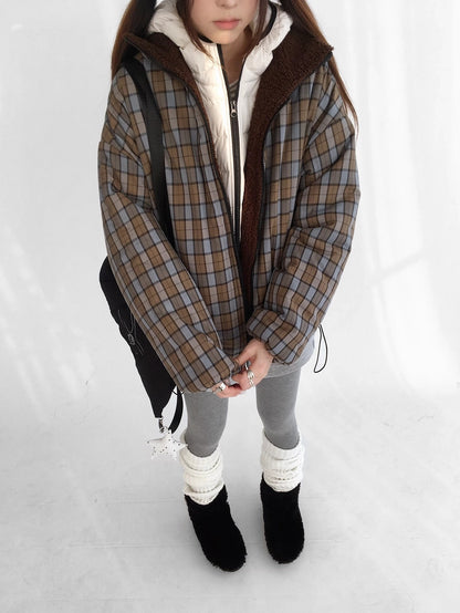 innomoood Cozy Insulated Plaid Loose Fit Hooded Commuter Women Zip Outerwear Puffer Jacket