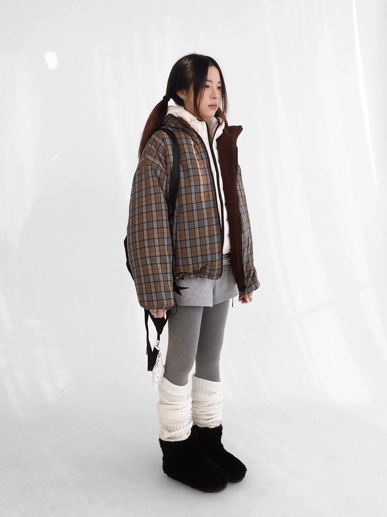 innomoood Cozy Insulated Plaid Loose Fit Hooded Commuter Women Zip Outerwear Puffer Jacket