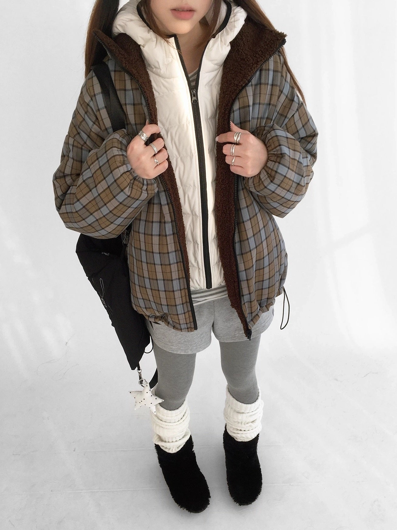 innomoood Cozy Insulated Plaid Loose Fit Hooded Commuter Women Zip Outerwear Puffer Jacket