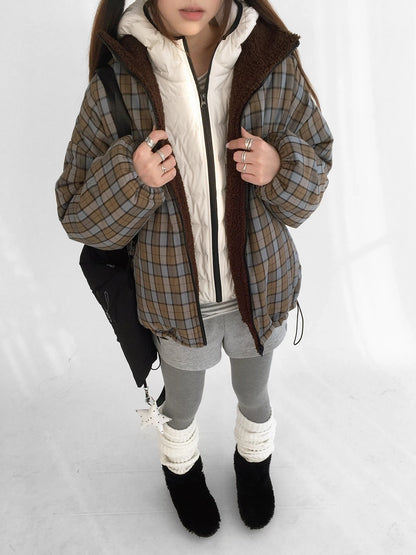 innomoood Cozy Insulated Plaid Loose Fit Hooded Commuter Women Zip Outerwear Puffer Jacket