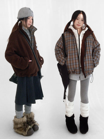 innomoood Cozy Insulated Plaid Loose Fit Hooded Commuter Women Zip Outerwear Puffer Jacket