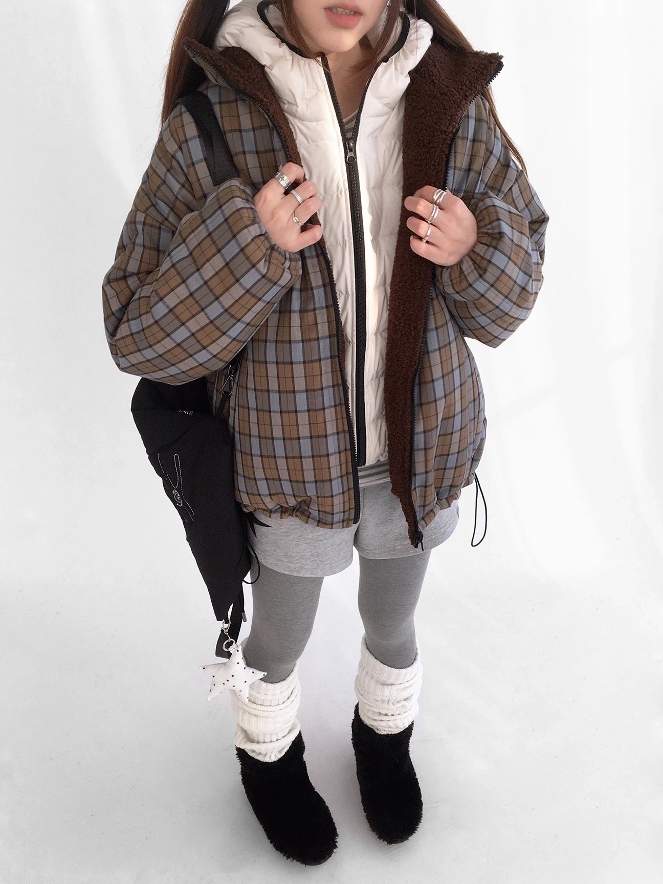 innomoood Cozy Insulated Plaid Loose Fit Hooded Commuter Women Zip Outerwear Puffer Jacket