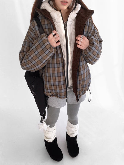 innomoood Cozy Insulated Plaid Loose Fit Hooded Commuter Women Zip Outerwear Puffer Jacket