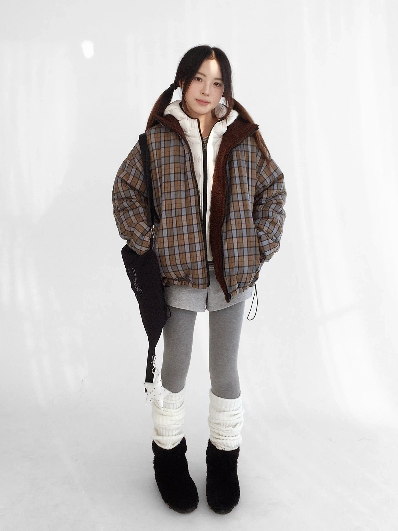 innomoood Cozy Insulated Plaid Loose Fit Hooded Commuter Women Zip Outerwear Puffer Jacket