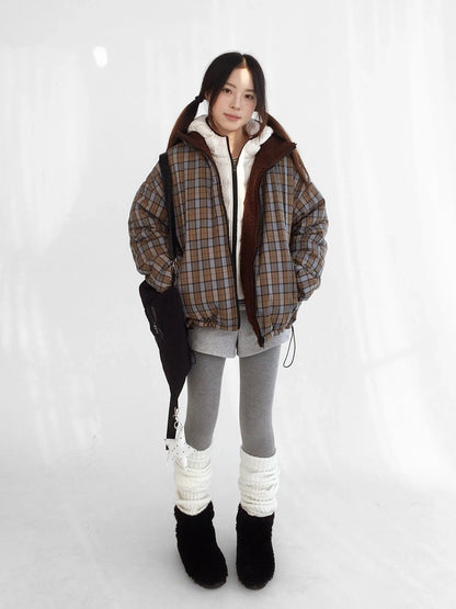 innomoood Cozy Insulated Plaid Loose Fit Hooded Commuter Women Zip Outerwear Puffer Jacket