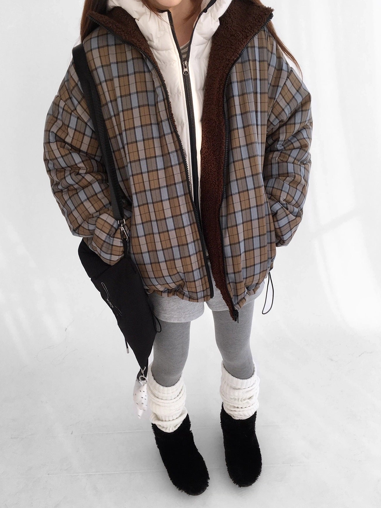 innomoood Cozy Insulated Plaid Loose Fit Hooded Commuter Women Zip Outerwear Puffer Jacket