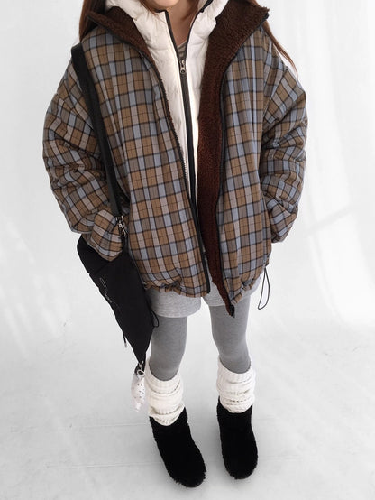 innomoood Cozy Insulated Plaid Loose Fit Hooded Commuter Women Zip Outerwear Puffer Jacket