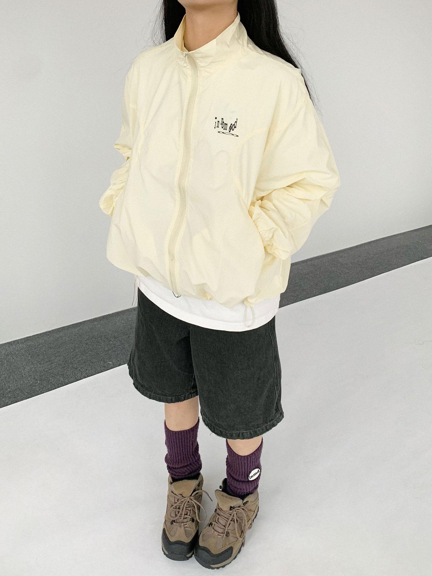 innomoood Creamy Yellow Arc Seam Nylon Sun Protective Oversized Jacket