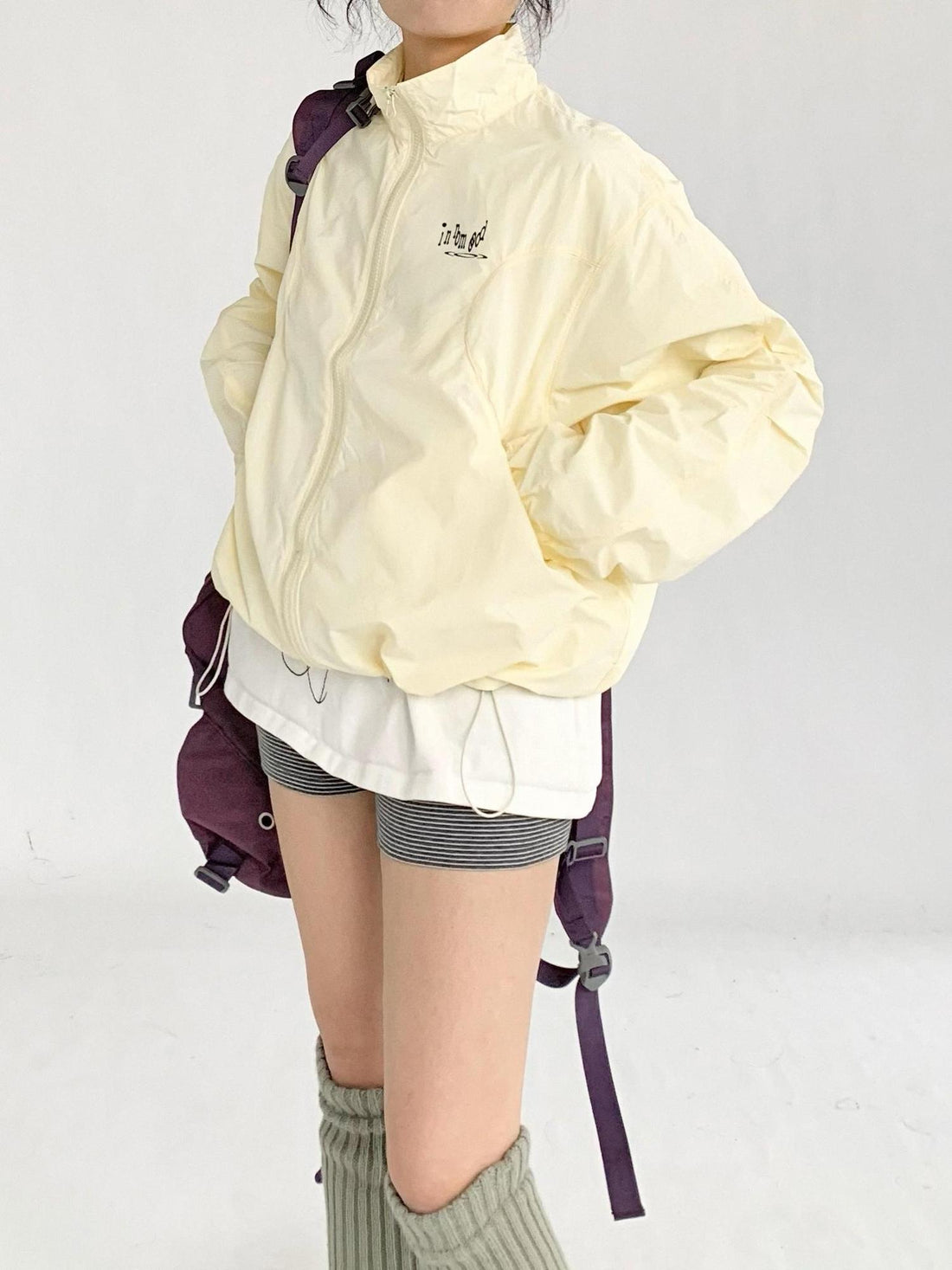 innomoood Creamy Yellow Arc Seam Nylon Sun Protective Oversized Jacket