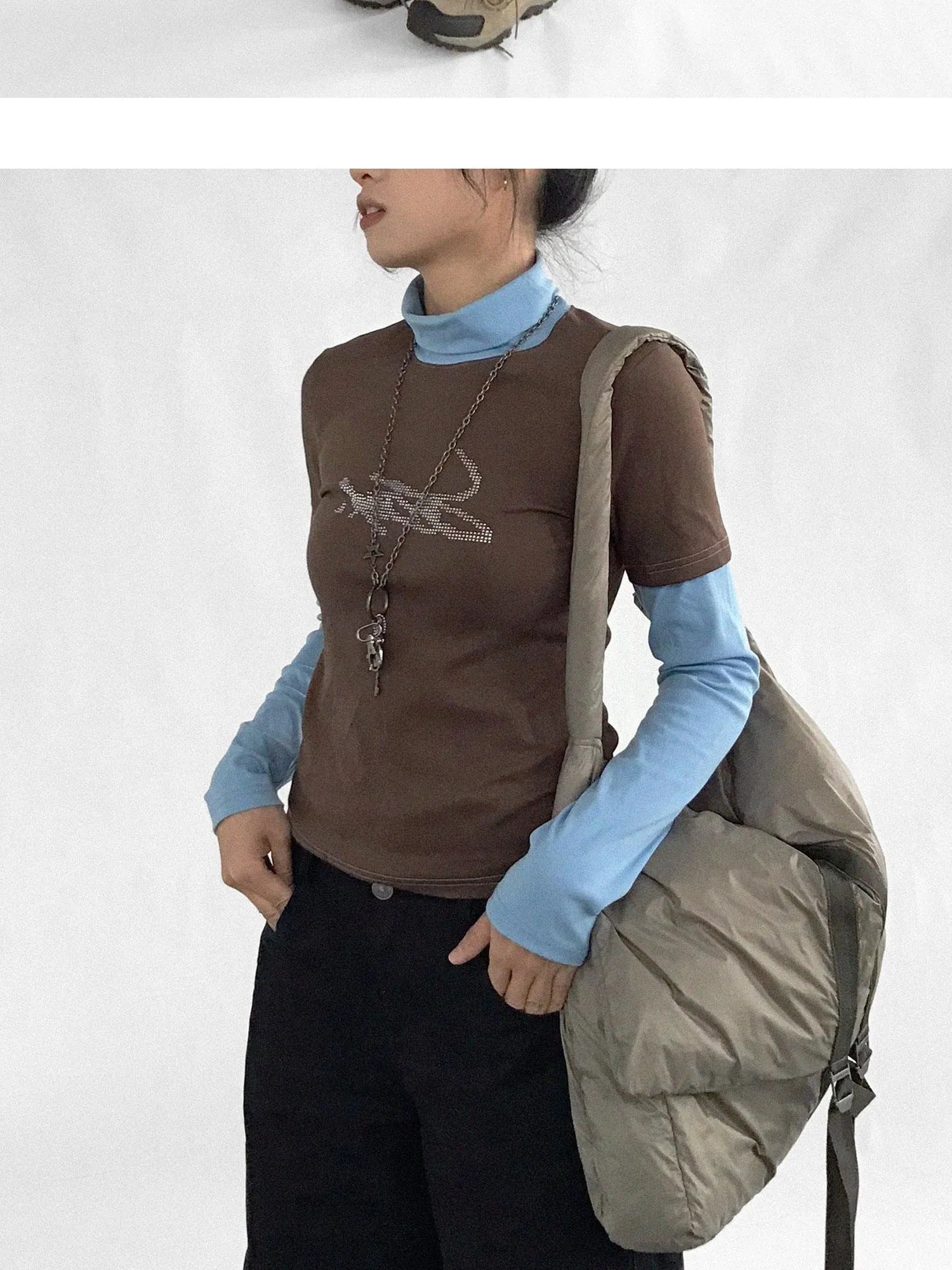 Crystal Rhinestone Color Block High Neck Tee