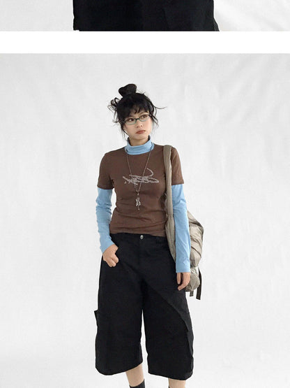 innomoood Crystal Rhinestone Color Block High Neck Tee