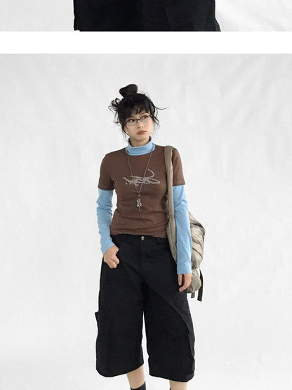 Crystal Rhinestone Color Block High Neck Tee