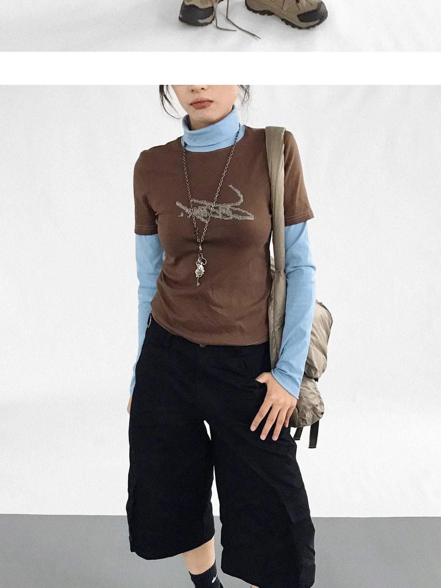 Crystal Rhinestone Color Block High Neck Tee