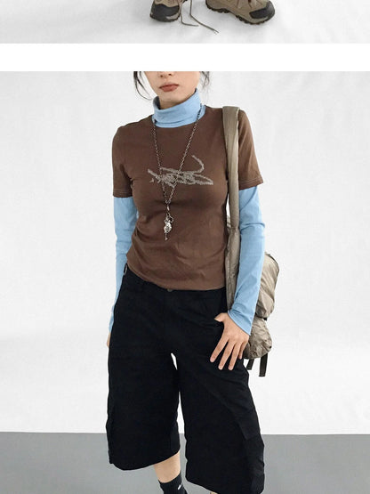 Crystal Rhinestone Color Block High Neck Tee