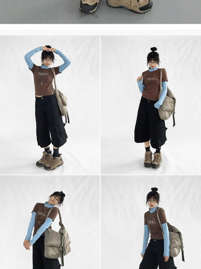 Crystal Rhinestone Color Block High Neck Tee