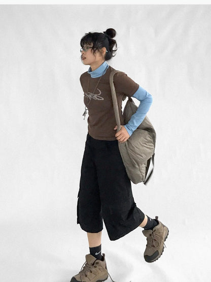 Crystal Rhinestone Color Block High Neck Tee