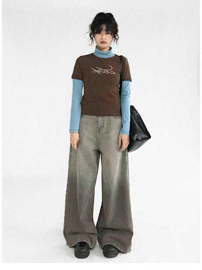 innomoood Crystal Rhinestone Color Block High Neck Tee