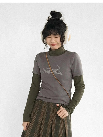 Crystal Rhinestone Color Block High Neck Tee