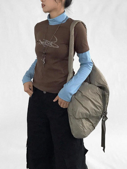 Crystal Rhinestone Color Block High Neck Tee