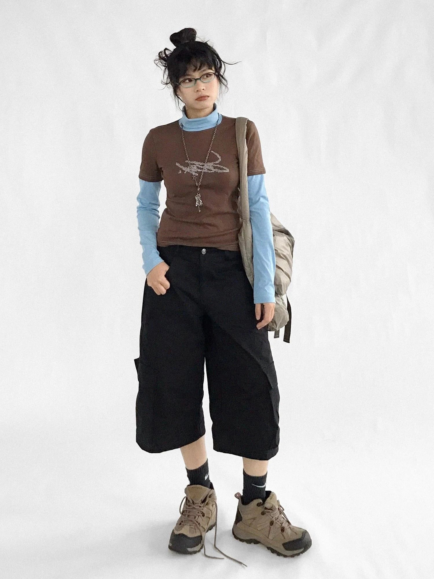 Crystal Rhinestone Color Block High Neck Tee