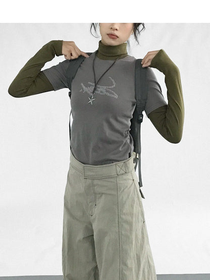 Crystal Rhinestone Color Block High Neck Tee