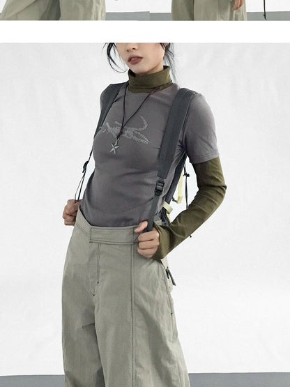 Crystal Rhinestone Color Block High Neck Tee