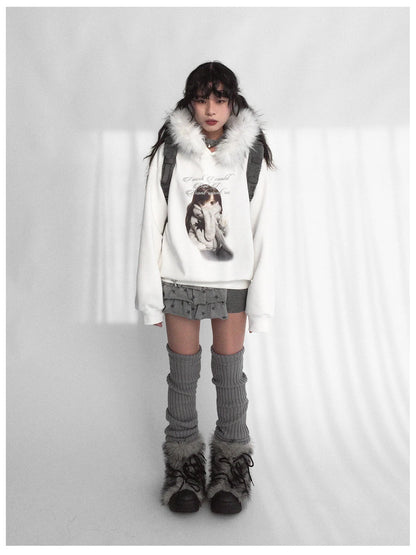 Detachable Fur Hoodie Fleece Lined Sweatshirt