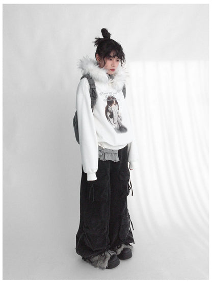 Detachable Fur Hoodie Fleece Lined Sweatshirt