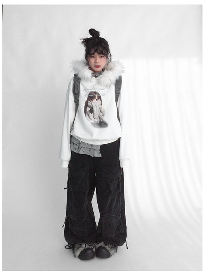 Detachable Fur Hoodie Fleece Lined Sweatshirt