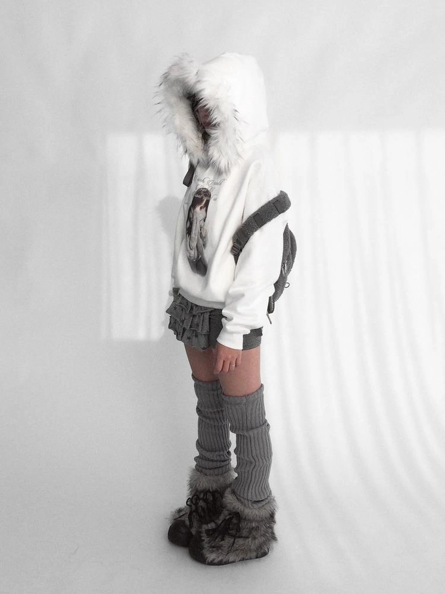 Detachable Fur Hoodie Fleece Lined Sweatshirt